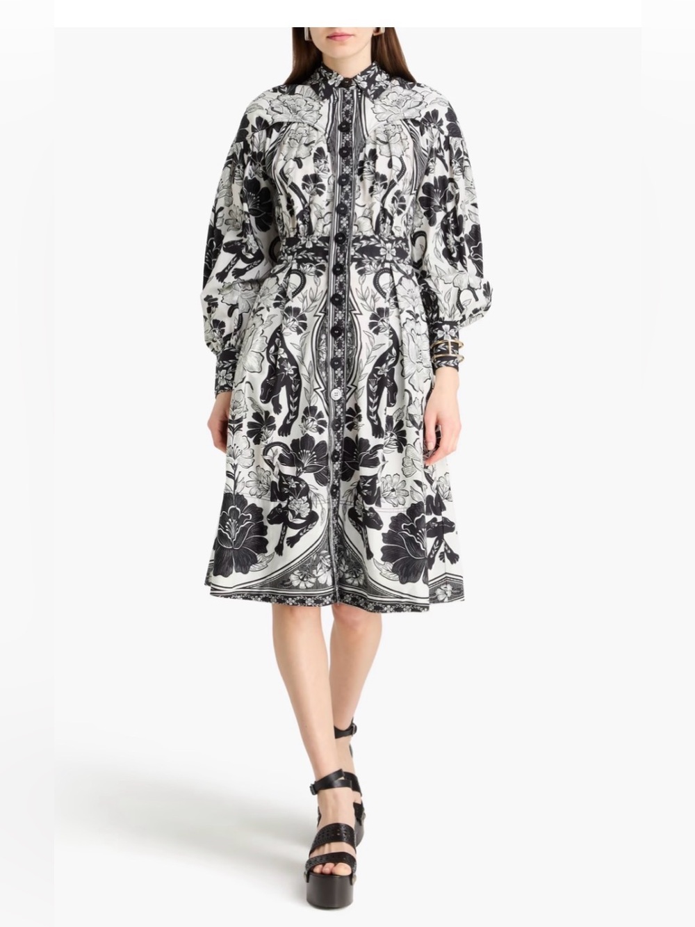 New Farm Rio Long-Sleeve Collared Cotton-Poplin Midi Shirt Dress. Size M